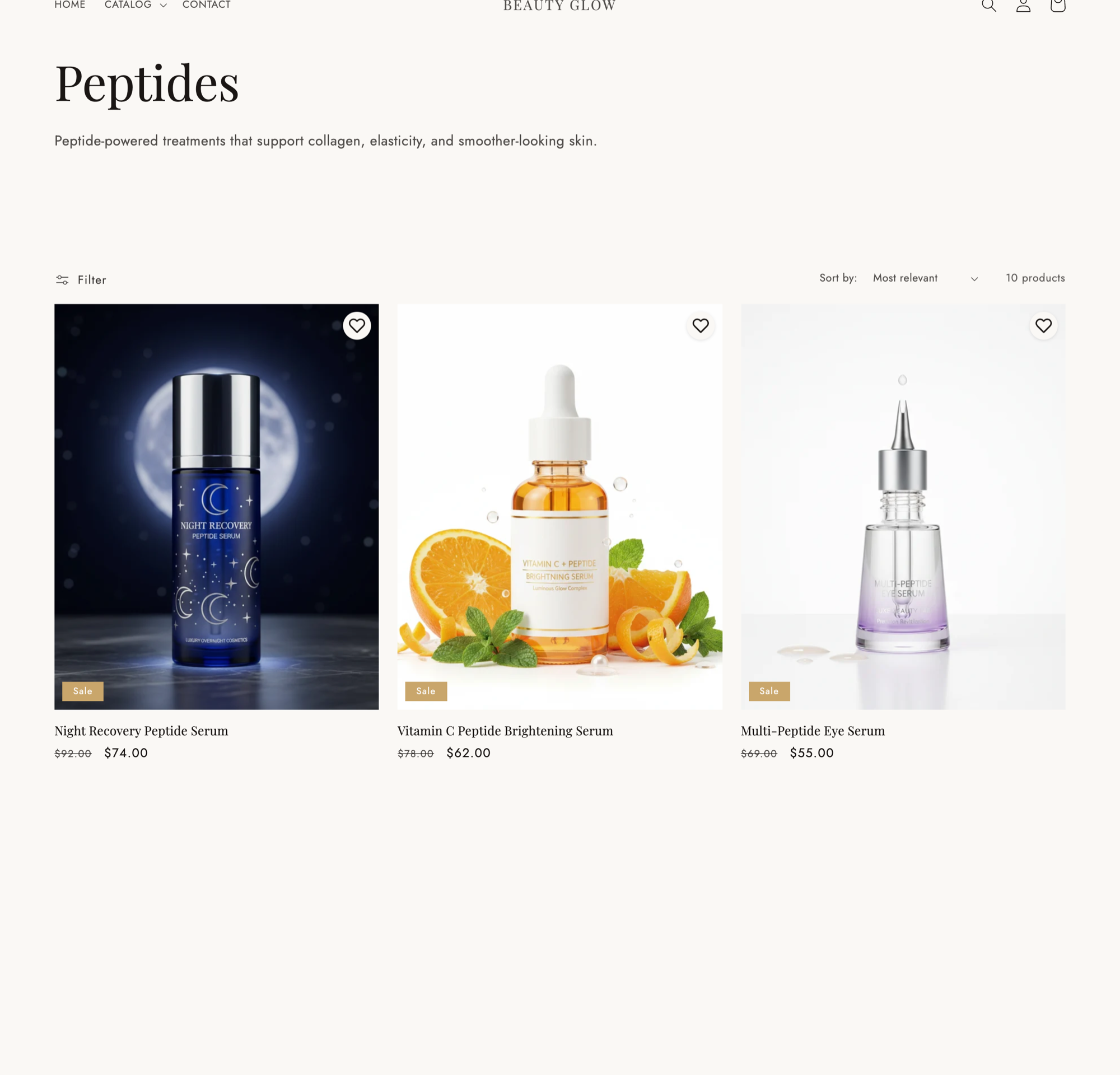 Glow theme collection page showing peptide products in a grid