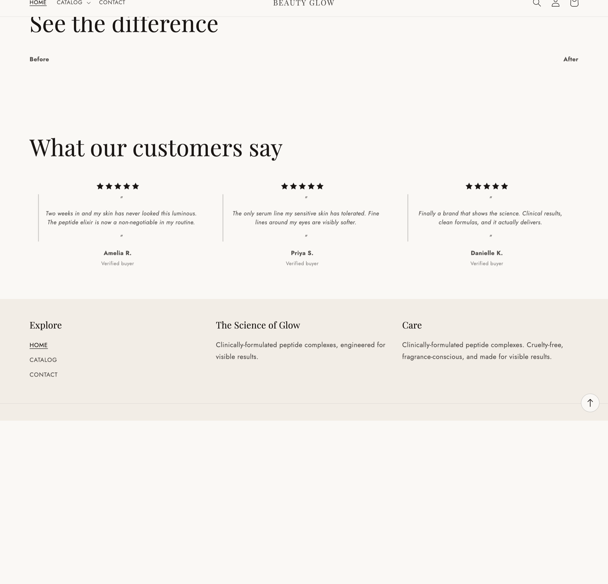 Glow theme testimonials section with customer quotes