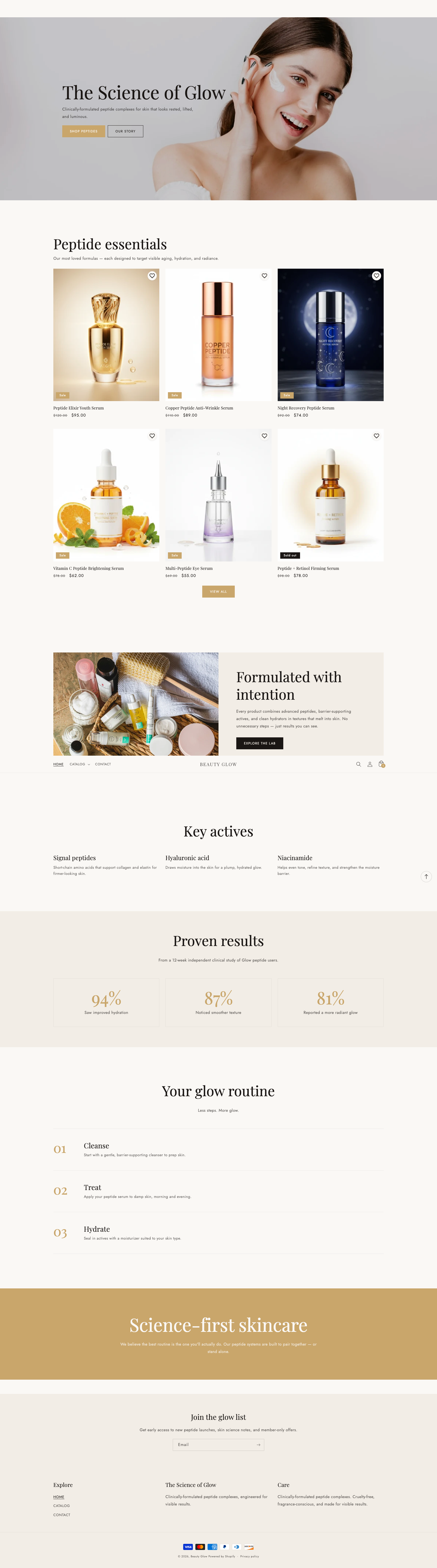 Glow Shopify theme — peptide skincare demo homepage