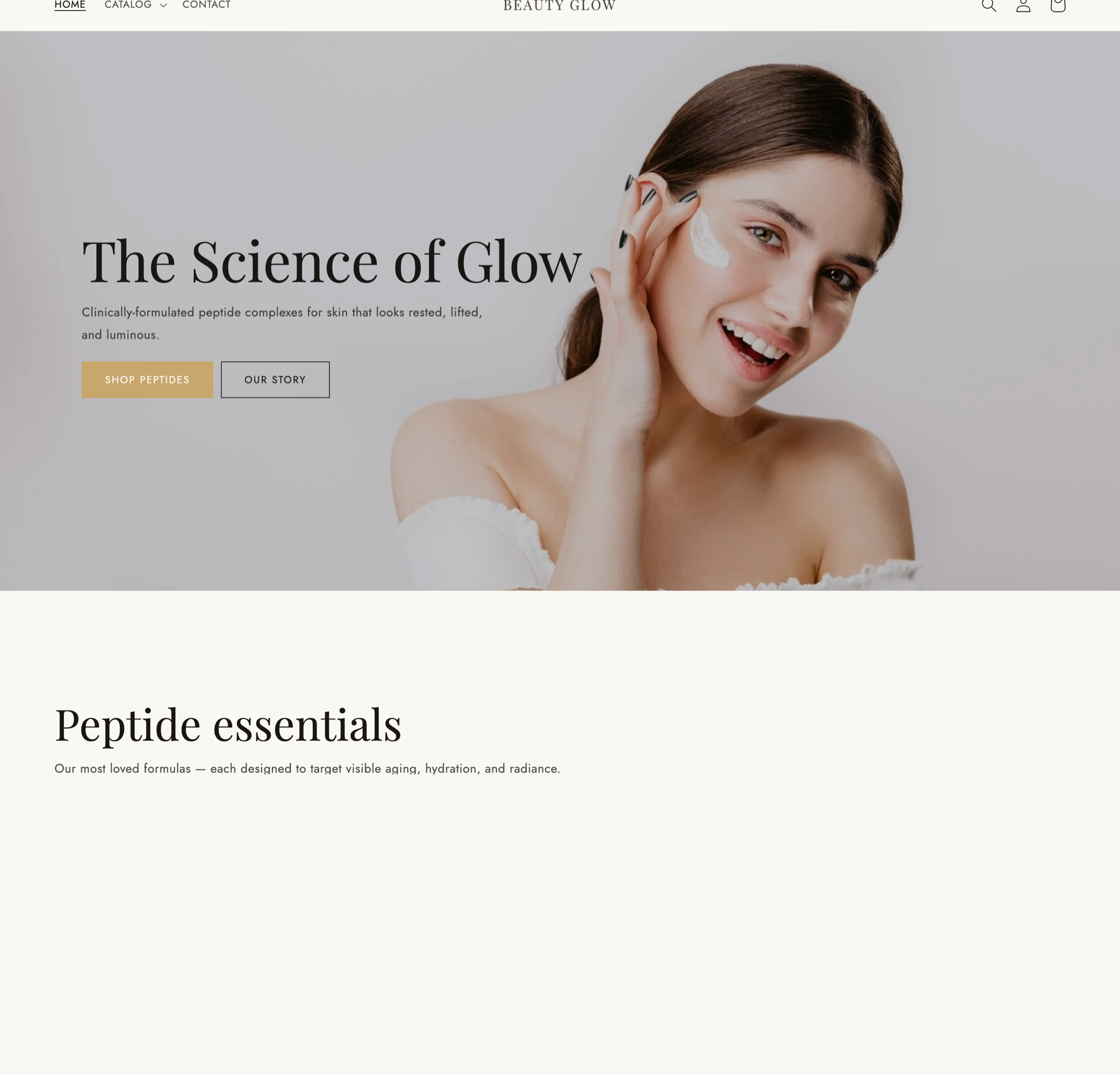 Glow theme homepage for a peptide skincare brand